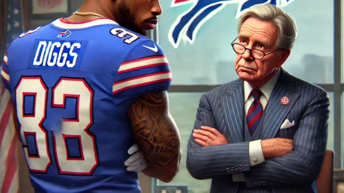 DALL·E 2025-03-19 23.25.16 - A realistic digital painting of a football player wearing a Buffalo Bills jersey, resembling Stefon Diggs, in a tense discussion with a wealthy older